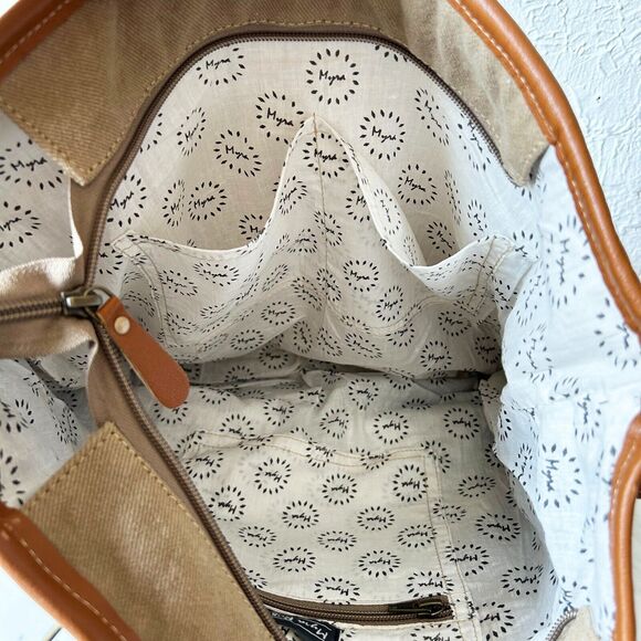 Myra Bag Perfect Match Upcycled Brown Ivory Canvas Cowhide Tote Crossbody Purse - Picture 12 of 16